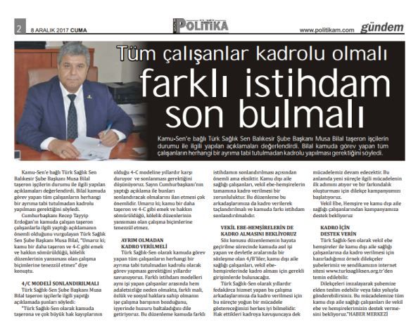 Tüm Çalışanlar Kadrolu Olsun